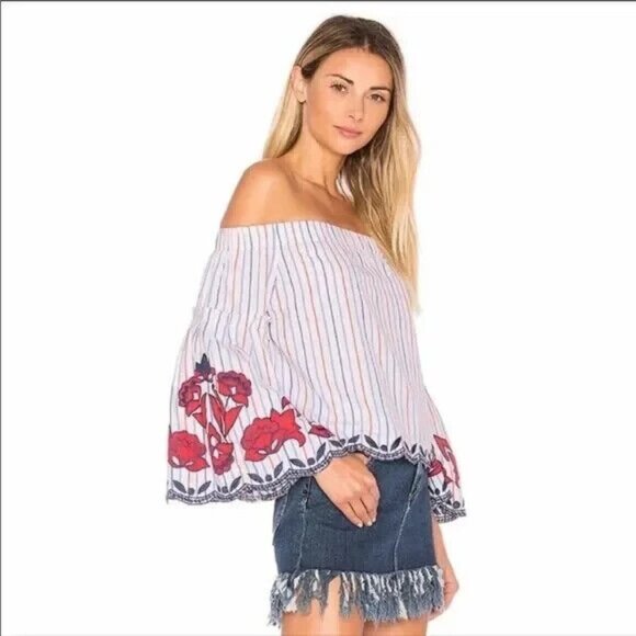 PARKER Dane Off Shoulder Embroidered 3/4 Sleeves Stripe Scallop Blouse XS NEW - Picture 2 of 12